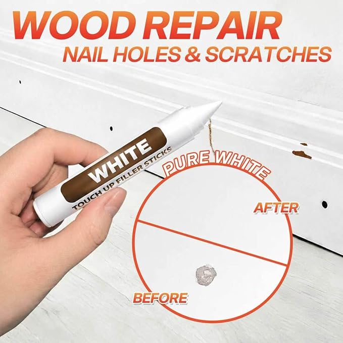 White Wood Filler Sticks 3 Pack – Wax Putty Repair Pen & Marker Kit to Fix Nail Holes, Scratches & Dings in Baseboard, Cabinet, Trim, Wall & Furniture, Renter-Friendly & Move-Out Essential, Pure White