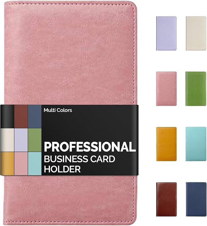 Sooez Leather Professional Business Card Book Holder Organizer, 240 Capacity Credit Card Booklet, PU Name Cards Holder Storage File for Men Women, 7.7"x 4.5" x 0.7", Pink