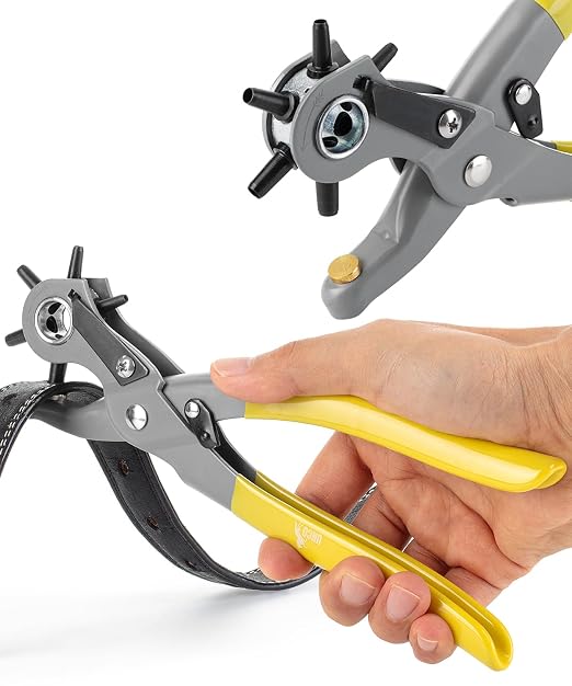 UNCO- Leather Hole Punch Tool, Multi Hole Sizes for Belts and Leather, Belt Hole Puncher, Yellow Handle