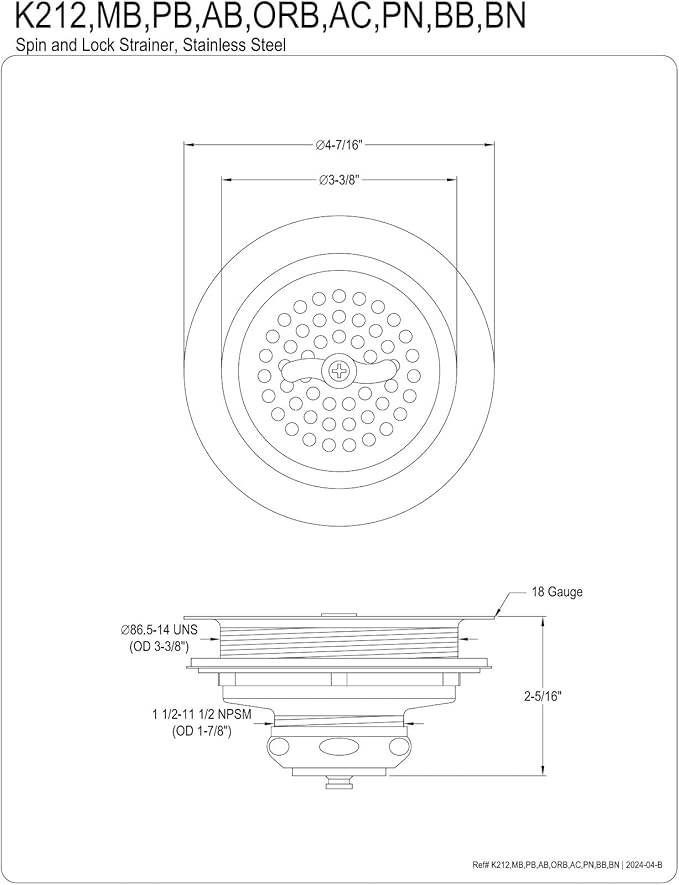 Kingston Brass K212BB Tacoma Spin and Seal Sink Basket Strainer, Brushed Brass