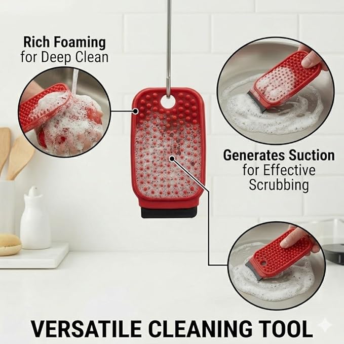 3-in-1 Silicone Dish Sponge - BPA-Free Food-Grade Cleaning Brush with Dual-Sided Scrubber & Scraper, Hanging Hole Fast-Dry Reusable for Dishes/Fruits/Vegetables (Grey 1PCS)