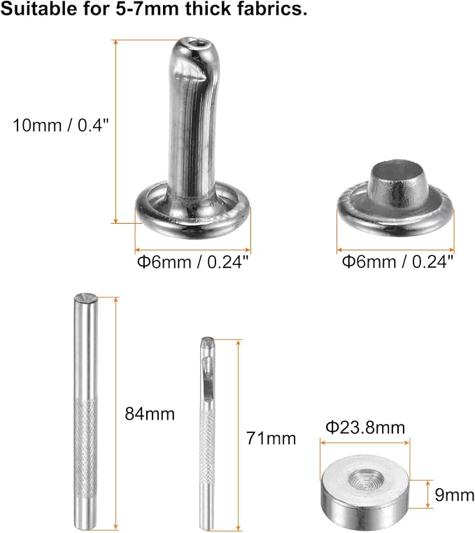HARFINGTON 100 Sets Leather Rivets 10 x 6mm Metal Double Cap Rivet Snaps Studs Fasteners with 3pcs Setting Tools Rivets for Leather Craft DIY Repair Decoration, Silver Tone