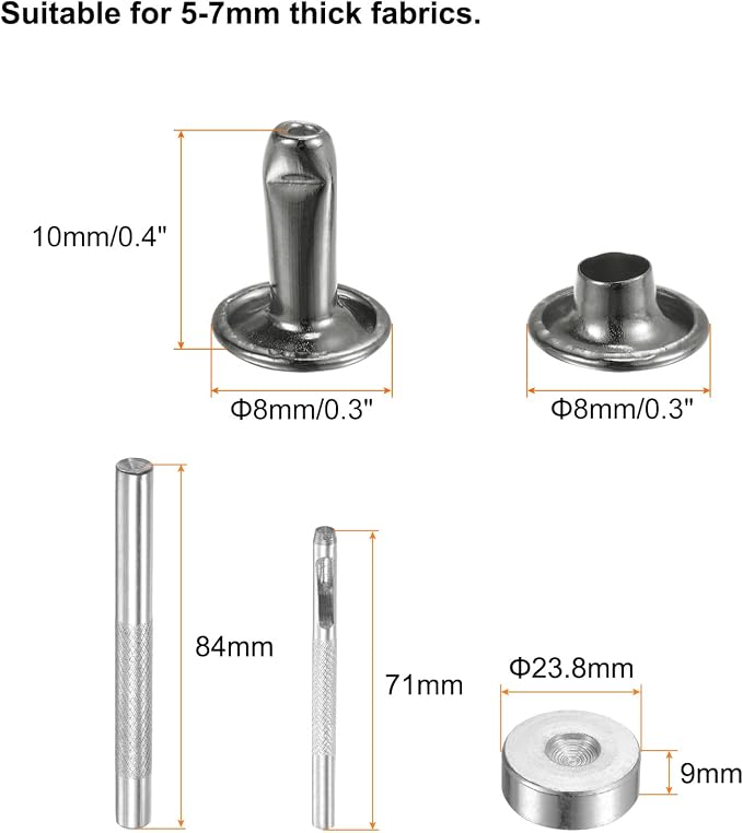 HARFINGTON 100 Sets Leather Rivets 10 x 8mm Metal with 3 Setter Tools Gunmetal