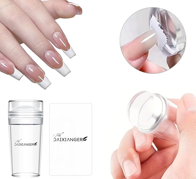 French Tip Nail Stamp, Nail Stamping Kit, French Tip Stamp Tool, 2 Sizes Clear Nail Stamper with Scraper, Professional Nail Stampd for French Manicure & DIY Nail Art at Home