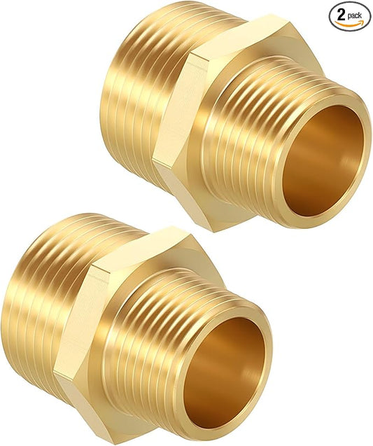 Pack of 2, 1" NPT Male to 3/4" NPT Male Solid Brass Hex Nipple Hose Connectors, Male Pipe Adapter for Pipe Leak Repair, Bathroom Remodeling, Tool Extensions, Compression