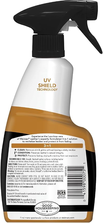Weiman Leather Cleaner & Conditioner - Cleans, Restores & Protects Leather, UV Protection Prevent Cracking & Fading, Auto, Sofas, Shoes, Bags & All Finished Leather Surfaces, 1 Pack, 12 Fl Oz