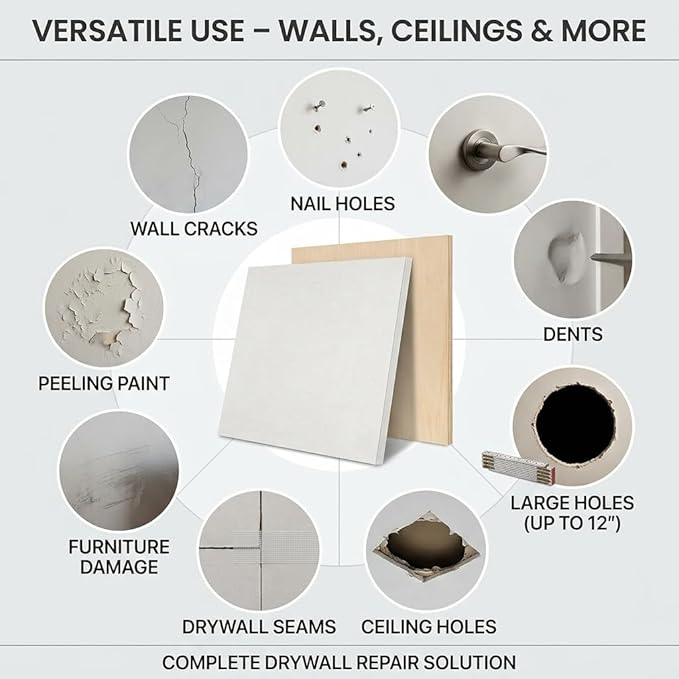 Drywall Repair Kit，34 Pcs 12x12inch Wall Patch Kit with Saw& Wood Boards，Drywall Patch Kit for Large Holes，Sheetrock Repair Kit for Cracks, Dents & Nail Holes-Quick & Easy Wall Surface Repair Solution