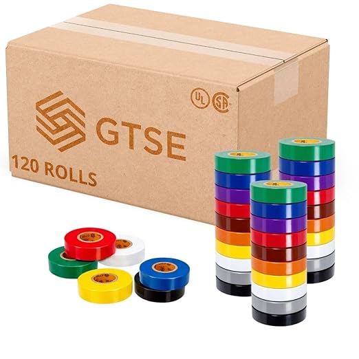 GTSE Mixed Colors Electrical Tape, 120-Pack – Waterproof, Industrial Grade Vinyl, 3/4 in x 66ft– Strong Self-Adhesive PVC Electric Tape for Wire Insulation, 7 Mil, 600V – UL/CSA Listed