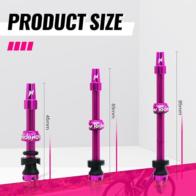 RideNow Tubeless Presta Valve Stems, 85mm Super Light 7075 Aluminum Alloy Presta Tubeless Valve Stem Kit with Valve Core Remover Tool and Valve Stem Caps, Multiple Color and Size Options(Pair), Purple