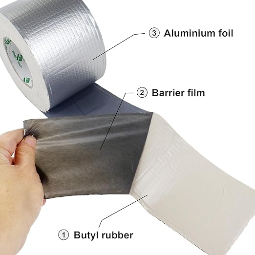 BOMEI PACK Leak Repair Butyl Tape 1.5mm x 4”W x 33’L, Aluminum Foil Waterproof Sealing Tape for Roof Flashing, Patching and Gutter, Boat, Duct, RV, Awning