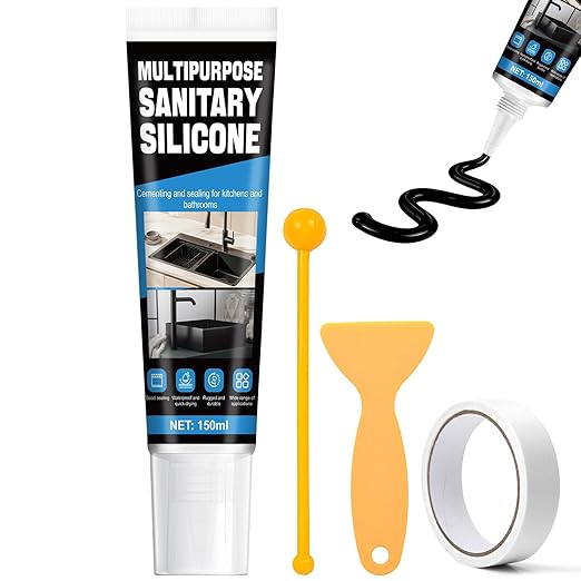 Black Silicone Sealant Waterproof, RTV Silicone Caulk for Outdoor and Indoor, High Temp Silicone Adhesive for RV, Window, Bathroom, Shower, Tub Caulking, Big Stretch Black Caulk,150ml
