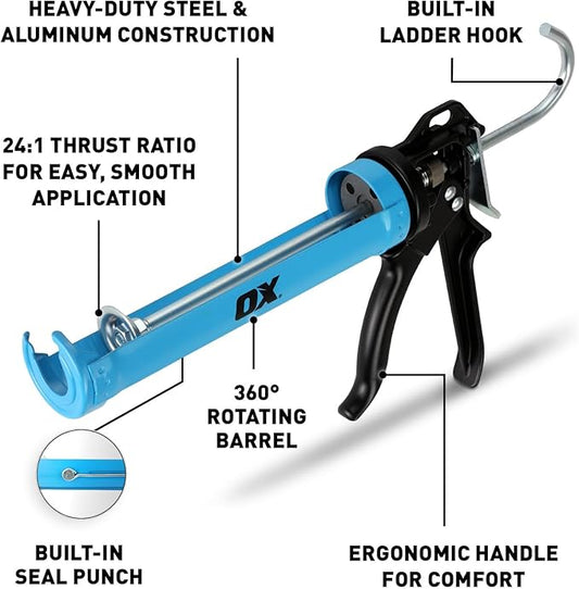 OX Heavy Duty Caulking Gun - 10 oz Caulk Gun Manual with 24:1 Thrust Ratio - For Adhesive & Sealants with Seal Puncture Rod Pistola De Cokin OX-T046201