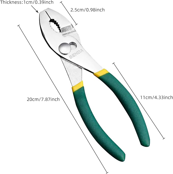 SENDA 8 Inch Slip Joint Pliers, Heavy Duty Carbon Steel, Non-Slip TPR Rubber Grip Handle, 3-Zone Serrated Jaw, Rust Resistant Finish, Adjustable for Home & Industrial Repair
