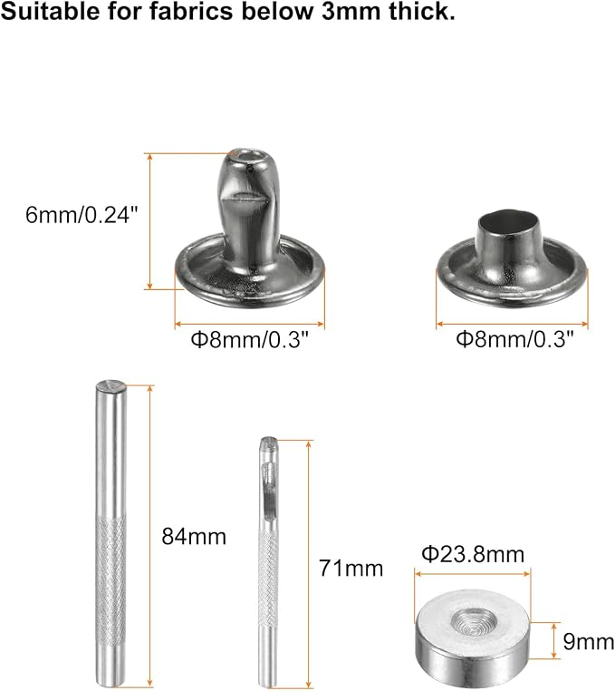 HARFINGTON 100 Sets Leather Rivets 6 x 8mm Metal with 3 Setter Tools Gunmetal
