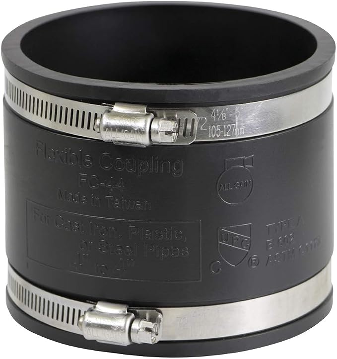 Supply Giant 6I49 Flexible PVC Coupling With Stainless Steel Clamps, 4", Black