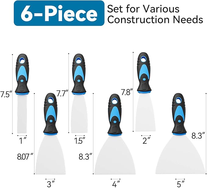 6 Pack Putty Knife Set – Stainless Steel Spackle & Paint Scrapers (1", 1.5", 2", 3", 4", 5") | Flexible Metal Scraper Tools for Drywall Repair, Wallpaper Removal, Plaster & Adhesive