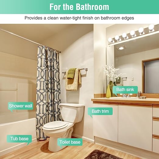 White Caulk Tape Bathroom Easy DIY Sealant Solution Peel & Stick for Bathtubs Toilets Walls Floors Tiles Wallpaper Edges, Quick & Mess-Free Waterproof Sealing, Create a Clean Finished Look in Minutes