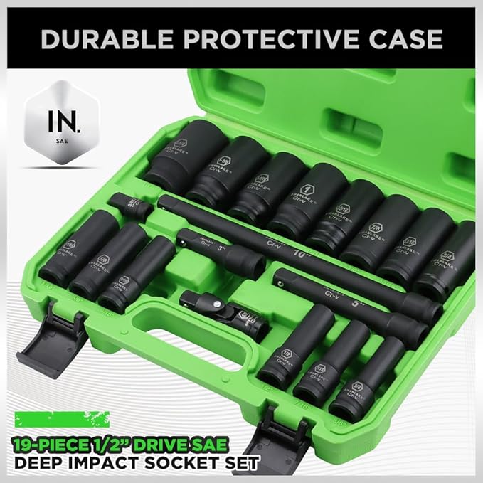 SWANLAKE 19-Piece 1/2" Impact Socket Set, 6 Point Impact Set, SAE (3/8-inch to 1-1/14-inch) Standard Large Socket, CR-V Mechanic Tool Set