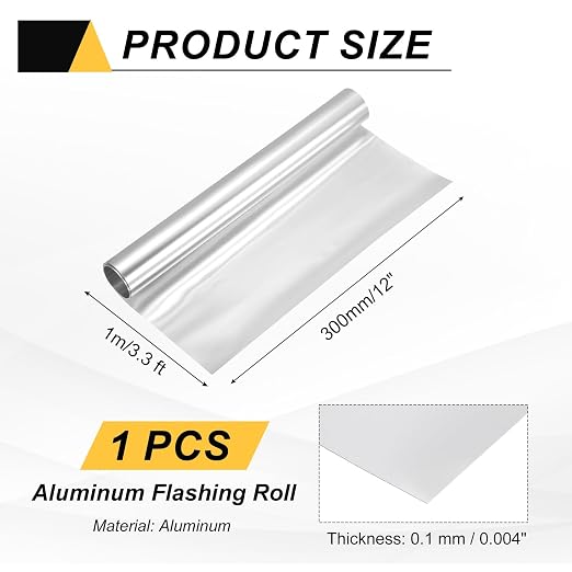 uxcell Aluminum Flashing Roll, 12in x 3.3ft Metal Roof Panels 0.1mm Waterproof Aluminum Sheet Roll for House Repair, Roof Flashing, Sealing Windows Doors, DIY Projects