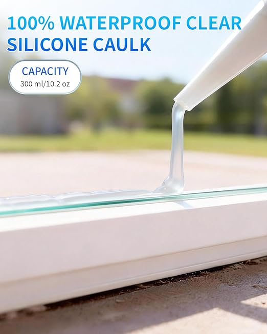 Silicone Caulk & Sealant Clear, 100% Waterproof Silicone Sealant, Shrink & Crack Proof, Silicone Sealant Caulking for Kitchen, Bathroom, RV, Interior & Exterior Use, 10.2 FL. OZ/300ML, 1 Pack