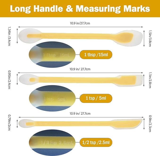 Long Handle Jar Scraper & Dual-Ended Silicone Spatula Spoon Set of 3 – Peanut Butter Spatula with Measuring Scale (1 Tbsp, 1 Tsp, 1/2 Tsp) for Deep Jars, Jam, Mayo, Blender Cups (yellow)