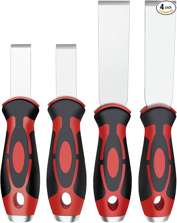 ROTATION Extra Thick Scraper Set, 4 piece, Soft Grip, Heavy Duty, Scraper with Hammer End, Stainless Steel Putty Knife
