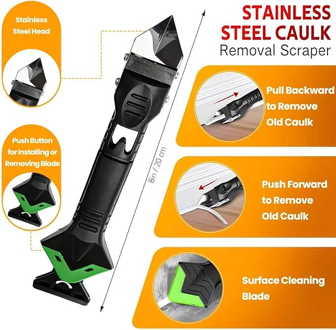 5-in-1 Caulking Tool Kit – Silicone Caulk Finisher, Remover & Grout Scraper with 5 Interchangeable Pads – Sealant Smoothing, Adhesive Removal for Kitchen, Bathroom, Windows, Tiles
