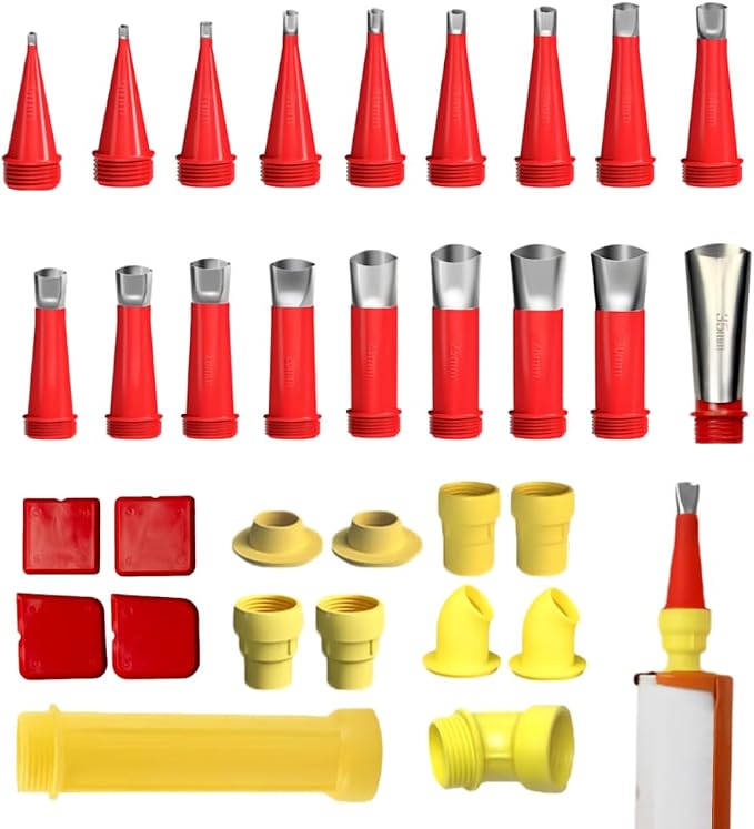 32PCS Stainless Steel Caulk Nozzle Kit - Universal Tips for Construction Adhesive, Silicone & Sealant | 18 Detachable Nozzles + 6 Bases + Angled Tips + Scrapers | Professional Sealant Gun Accessories