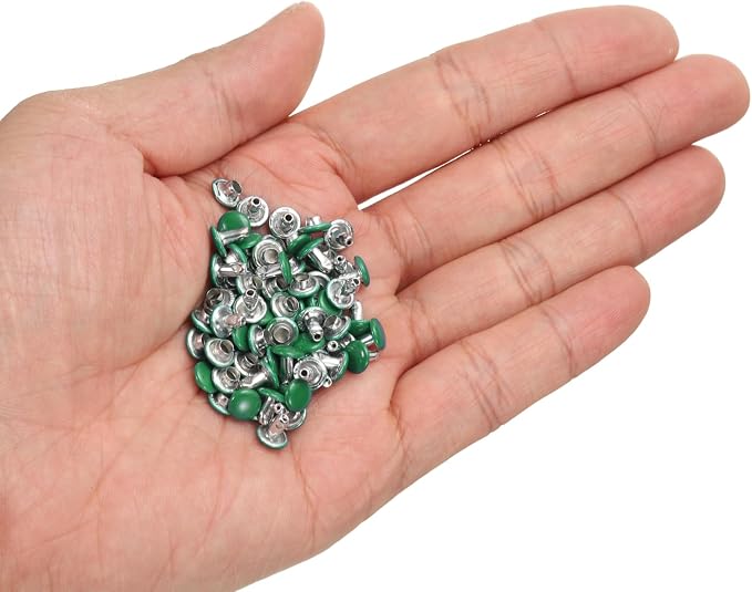 HARFINGTON 100 Sets Double Cap Leather Rivets, 6x6mm Round Cap Tubular Metal Studs Leather Crafting Rivets for Fabric Belt Pet Collar Boot Bag Repair and Decoration, Green