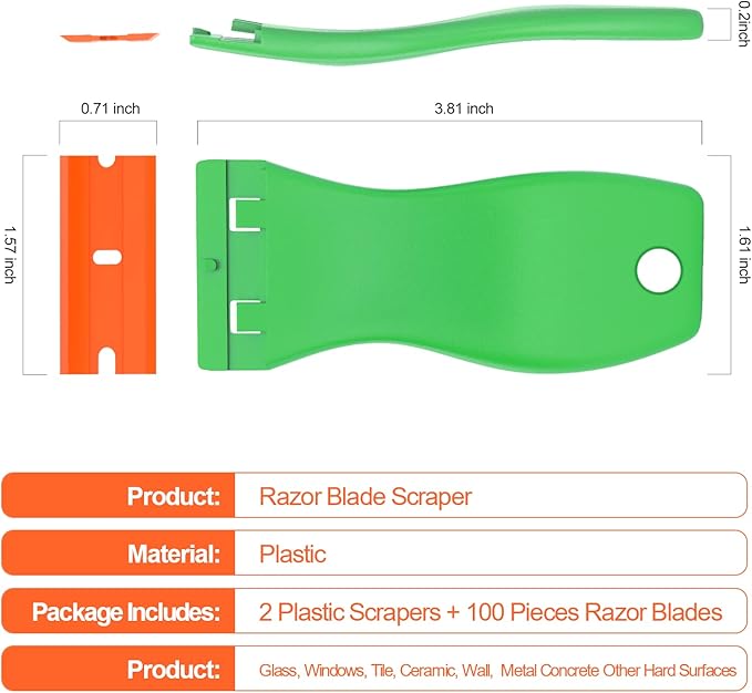 Plastic Razor Blades Scraper Tool - 2 Pack Wall Paint Remover with 100 PCS Blades Kit No Scratch Car Window Glass Wood Sticker Removal Floor Stove Kitchen Vinyl Adhesive Decal Tape Cleaning