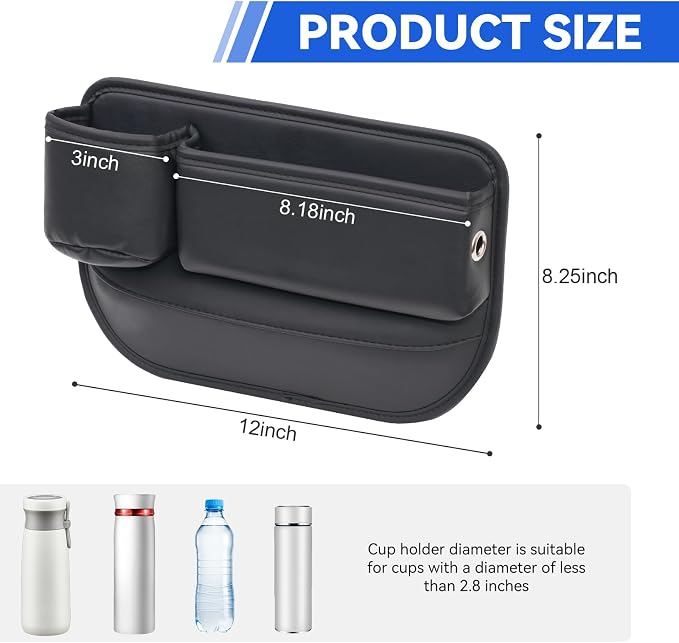 Car Seat Gap Filler Organizer, PU Leather Car Accessories Organizer, for Front Seat,Console Organizer for Phone, Keys and Small Items, It has a cup holder and a long storage slot.（Driver side)