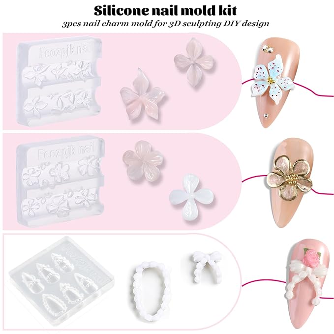 Fcozpjk 3D Gel Nail Art for Nails Starter Kit: 15ML Clear and White 3D Sculpting Gel with 3PCS Silicone Flowers Nail Charm Molds Gold Silver Chrome Powder Ombre Sponges Salon Supplies DIY Manicure