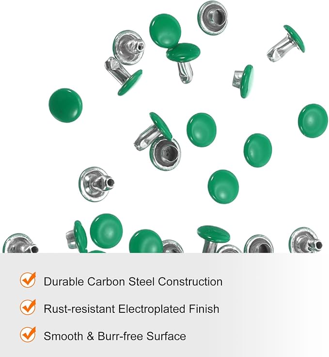 HARFINGTON 100 Sets Double Cap Leather Rivets, 6x6mm Round Cap Tubular Metal Studs Leather Crafting Rivets for Fabric Belt Pet Collar Boot Bag Repair and Decoration, Green