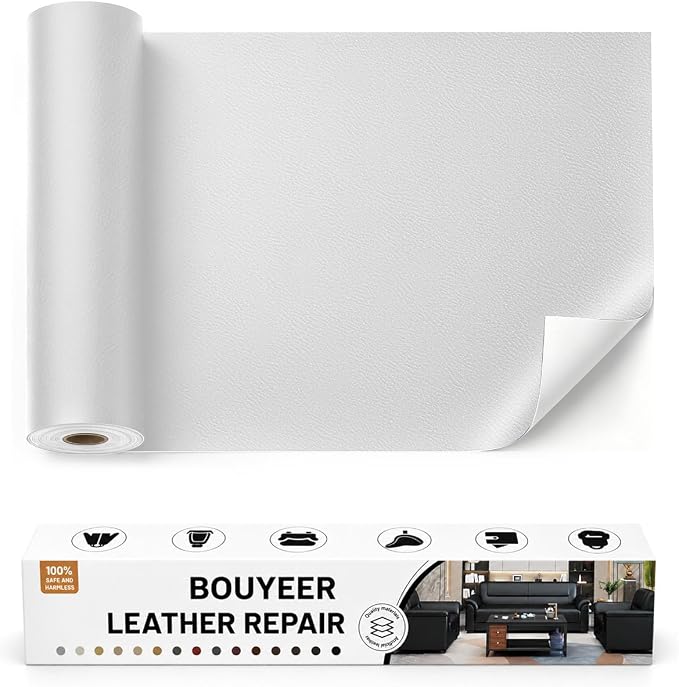BOUYEER Leather Repair Patch Tape Kit,Self Adhesive Leather Repair for Sofa，Car Seat,Office Chair,Furniture,Jacket,Waterproof Strong Adhesive Vinyl Repair Kit. 16 in x 31 in,Fine Grained White