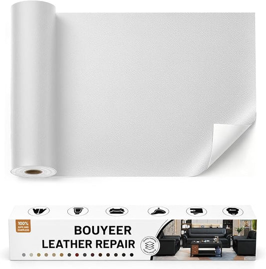 BOUYEER Leather Repair Patch Tape Kit,Self Adhesive Leather Repair for Sofa，Car Seat,Office Chair,Furniture,Jacket,Waterproof Strong Adhesive Vinyl Repair Kit. 17 in x 79 in,Fine Grained White