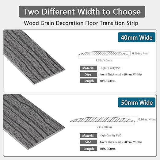 Floor Transition Strip 2" Self Adhesive Flat Vinyl Flooring Transitions Strip with Strong Backing Wood Grain 5cm, 10FT, Deep Grey