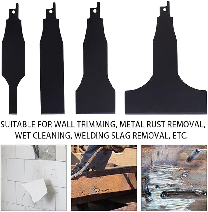 4PCS Reciprocating Saw Scraper Blade, High Carbon Steel Tile Cleaning Tools for Removing Tile Grout Glue Gaps Adhesives, Wall Cleaning, Metal derusting (Black)