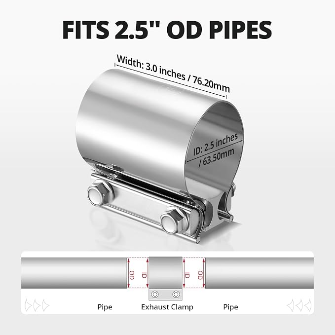 EVIL ENERGY 2.5 Inch Exhaust Clamp, 2 1/2" Butt Joint Band Clamp Sleeve Coupler Stainless Steel for Pipes, Mufflers, Catalytic Converters 4PCS