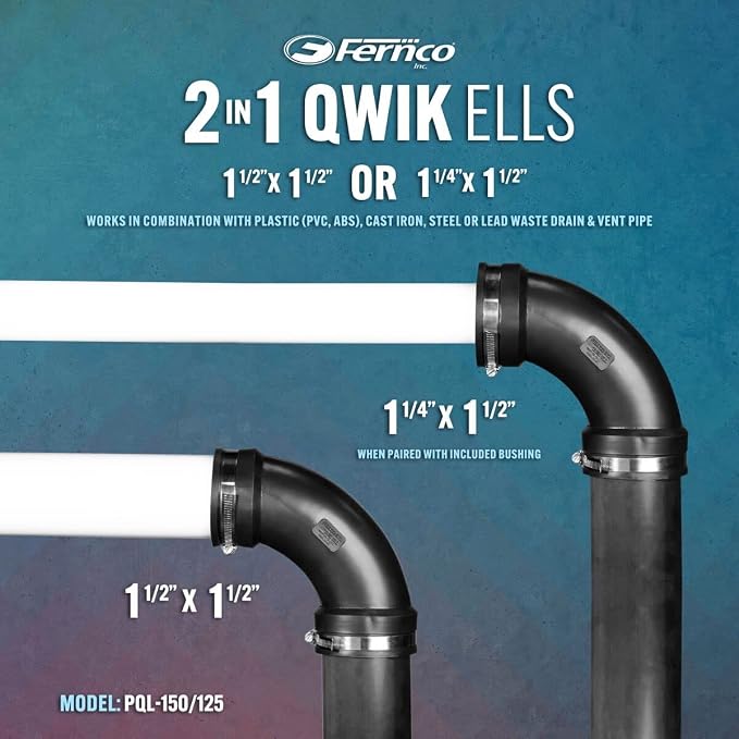 Fernco 1.5" Flexible PVC 90-Degree Elbow Includes Optional 1.25" Reducer Bushing for DWV Cast Iron, Steel and Plastic Pipe Connections