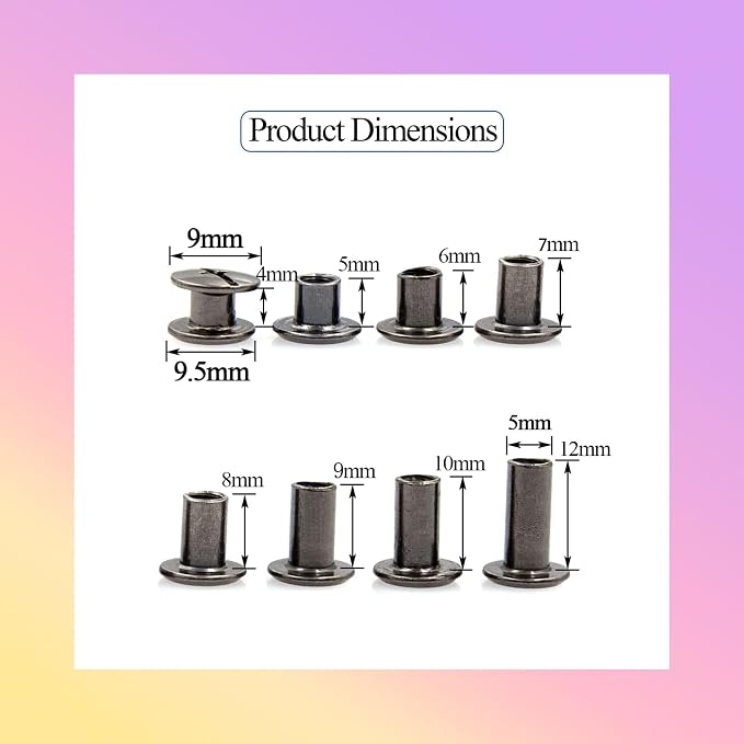 102 Sets Black Leather Rivets Set Screws Rivets M5 Chicago Binding Screws Adjust and Repair Leather Craft Belts, Bags, Shoes, Purse Bindings (M5 * 4.5.6.7.8.9.10.12).