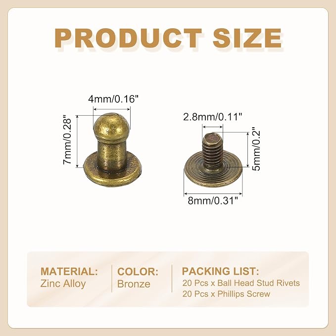 PATIKIL 4 mm Leather Rivets, 20 Sets Ball Head Stud Screw Back Round Head Button Chicago Screw Nipple Stud Rivet for Leather DIY Craft Handbag Belt Repairs, Bronze