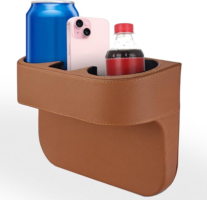 KITUREK Car Cup Holder, PU Leather Cover Auto Front Seat Organizer, Brown | Multifunctional Cup Drink Holder, Gap Filler Coin Bucket Storage Box, Console Side Pocket, Cell Mobile Phone Holder