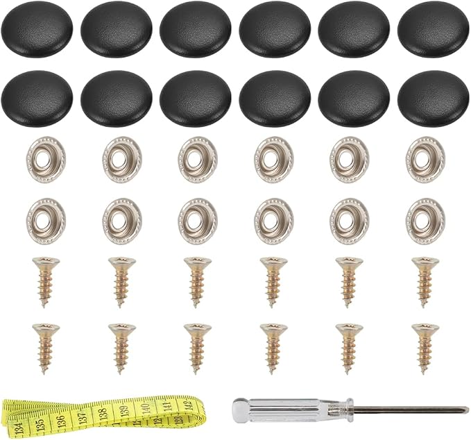 Set of 12 Black Leather Snap Upholstery Buttons Fit for Tufting Furniture Bed Sofa Chair, Car Seat RV Roof Headliner Interior Cloth Fixing with Installation Tool