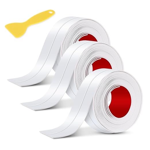 Caulk Tape, 3 Roll White Self Adhesive Caulk Strip Waterproof, Caulking Sealant Tape for Kitchen, Countertop, Bathroom, Sink, Shower, Bathtub, Toilet Edge Protector with Sealing Tool