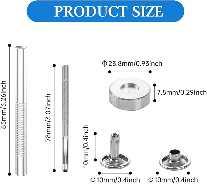 100 Sets Leather Rivets 10x10mm Double Cap Rivets Snaps Metal Studs Fasteners with 3pcs Setting Tools for Leather Craft DIY Repair Decoration, Silver Tone