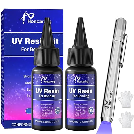 Honcaring UV Resin Kit with Light, 60g/2oz Fast Drying Beginner-Friendly Kit, Bonding & Repairing in Seconds, 30g*2 Clear UV Glue with UV Penlight for Resin, Plastic, Glass, Acrylic