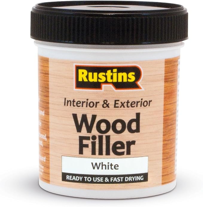 RUSTINS Acrylic Wood Filler, White, 400g - Multi-Purpose Wood Repair Compound for Cracks, Gaps, & Surface Imperfections – Quick-Drying, Sandable, & Paintable for Interior & Exterior Use