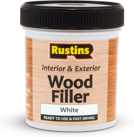 RUSTINS Acrylic Wood Filler, White, 400g - Multi-Purpose Wood Repair Compound for Cracks, Gaps, & Surface Imperfections – Quick-Drying, Sandable, & Paintable for Interior & Exterior Use