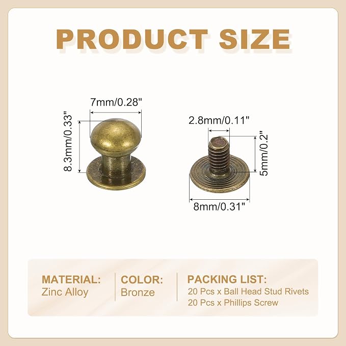 PATIKIL 7 mm Leather Rivets, 20 Sets Ball Head Stud Screw Back Round Head Button Chicago Screw Nipple Stud Rivet for Leather DIY Craft Handbag Belt Repairs, Bronze