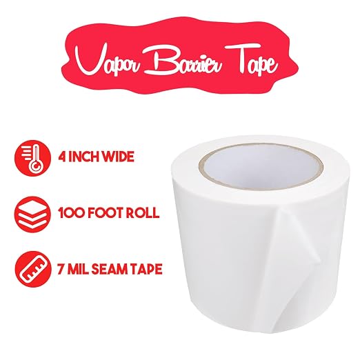 White Vapor Barrier Tape, 4 Inch x 100 Feet White Vinyl Polyethylene Seal Tape for Crawl Space, Moisture Barrier Seam, Waterproof Seam Tape, 7 Mil Poly Tape